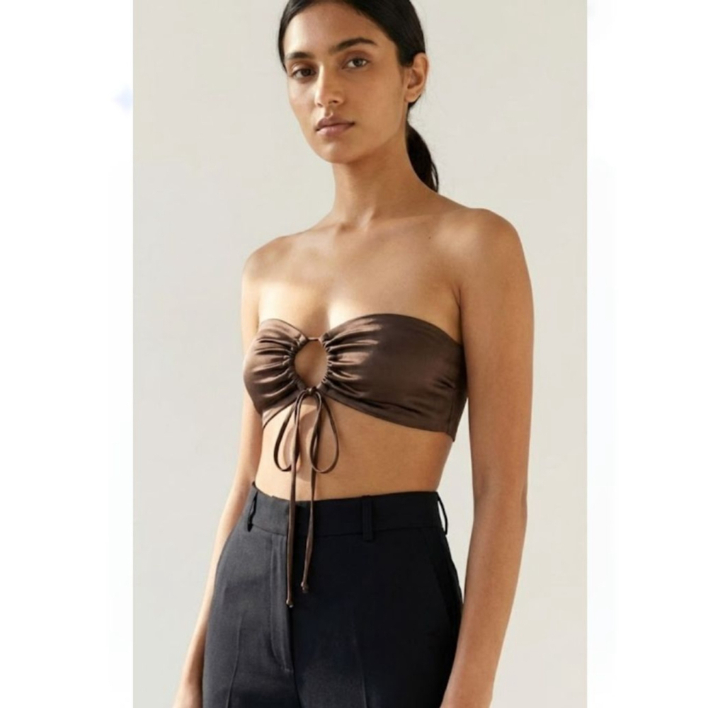 Peppermayo Brown Tie Front Ruched Crop Top Size 6